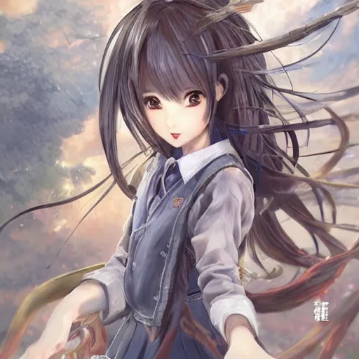 Prompt: dynamic composition, motion, ultra-detailed, incredibly detailed, a lot of details, amazing fine details and brush strokes, colorful and grayish palette, smooth, HD semirealistic anime CG concept art digital painting, watercolor oil painting of a Japanese schoolgirl, Cytus and Deemo style by a Chinese artist at ArtStation, by Huang Guangjian, Fenghua Zhong, Ruan Jia, Xin Jin and Wei Chang. Realistic artwork of a Chinese videogame, gradients, gentle an harmonic grayish colors.