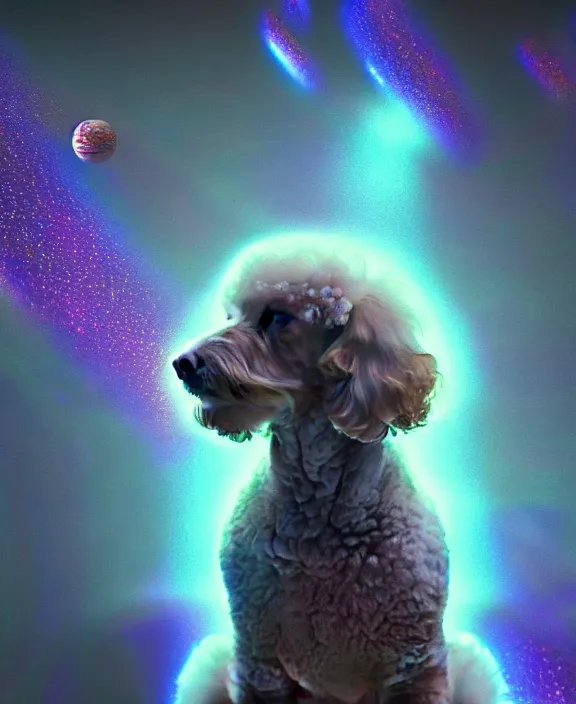 Image similar to a beautiful portrait of a poodle inside an holographic spacesuit, galactic landscape, cinematic, volumetric fog, risographic, digital art, 4 k, vintage sci - fi, inspired by moebius, inspired by thim white, inspired by h. r. giger