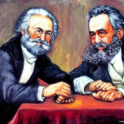 Prompt: oil painting of karl marx and friedrich hayek arm wrestling