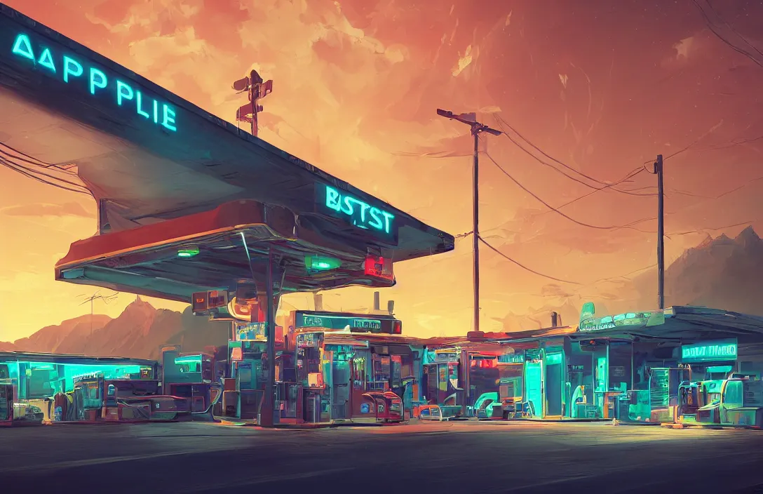 Image similar to raphael lacoste, bastien grivet, ross tran, a retro gas station in the dessert, retrowave, neon colors night, intricate details in environment, meeting point, luminance, golden ratio, high aestehtic, cinematic light, dramatic light, godrays, distance, clear atmosphere, photobash, wideangle, bierstadt,