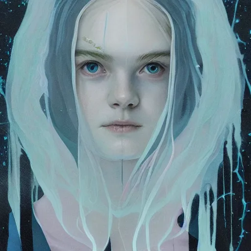 Image similar to Elle Fanning in bioluminescent transparent ghostly armor picture by Sachin Teng, asymmetrical, dark vibes, Realistic Painting , Organic painting, Matte Painting, geometric shapes, hard edges, graffiti, street art:2 by Sachin Teng:4