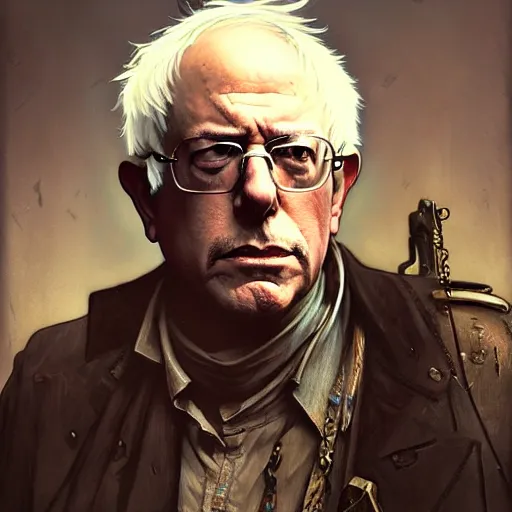 Image similar to post apocalyptic bernie sanders, fantasy, d & d, intricate, detailed, by by alphonse mucha, adolfo hohenstein, alice russell glenny, stanley artgerm lau, greg rutkowski, detailed, trending on artstation, trending on artstation, smooth