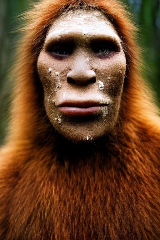Image similar to a professional portrait photo of a neanderthal woman in the forest in winter, mud on face, black stripe across her eyes, ginger hair and fur, extremely high fidelity, natural lighting, still from the movie quest for fire