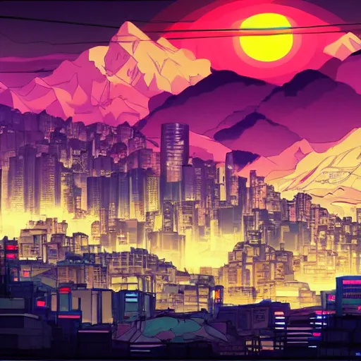 Prompt: futuristic city on a mountainside, colorful city, megacity, clouds on mountain, buildings on mountainside, cel - shading, cel - shaded, 2 0 0 1 anime, bright sunshine