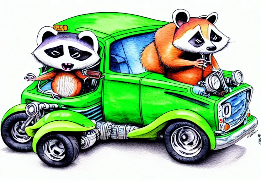 Image similar to cute and funny, racoon riding in a tiny hot rod truck with ( very ) oversized engine, ratfink style by ed roth, centered award winning watercolor pen illustration, isometric illustration by chihiro iwasaki, edited by range murata