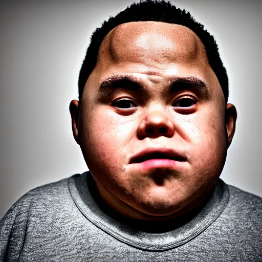 Image similar to portrait of down syndrome kevin gates sharp focus, shallow depth of field, 4 k editorial photograph, soft lighting, blank background