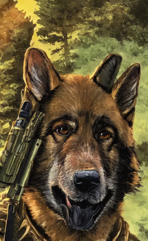 Image similar to close up character portrait icon of the german shepard beast - man military uniform head animal person wearing clothes standing in the bright forest, hidari, color page, tankoban, 4 k, tone mapping, akihiko yoshida