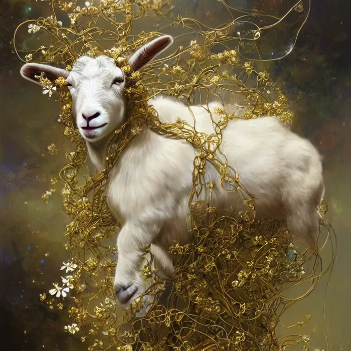 Prompt: hyperrealist portrait of a 2 0 4 4 space sport goat, it is decorated with long gold wires and white flowers that fall like vines and wears a huge computer crown. by jeremy mann and alphonse mucha, fantasy art, photo realistic, dynamic lighting, artstation, poster, volumetric lighting, dramatic light, very detailed faces, 8 k, award winning