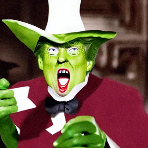 Image similar to trump in the style of wicked witch of the west with green skin, high quality movie still