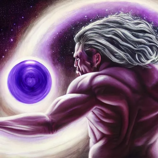 Image similar to detailed realistic painting of a man with well defined muscles made of purple space dust wielding a dark purple cosmic orb in each hand, planetary rings orbit his wrists and he has long flowing purple hair obscuring his face made of deep purple stardust, bright white lens flare peeking through his hair where his eye would be, staring at viewer