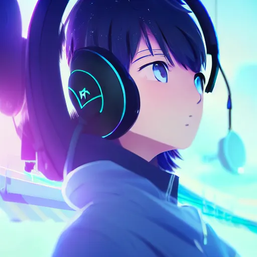 Image similar to an anime music producer with headphones on, official art, key visual, studio lightning, very detailed bd cover, Kimi no Na Wa, hyperrealistic, artstation, caustics, trending on Artstation, 8K, octane renderer, rtx on