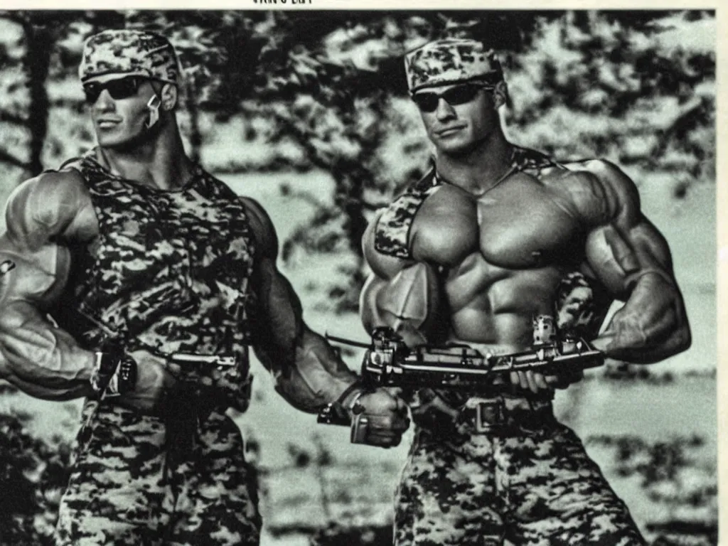 Prompt: vintage 90s VHS video still of a muscular soldier promoting UAV, retro TV, noise, hue