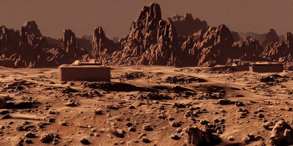 Image similar to screenshot of a sci-fi film of a desolate planet surface with mountains and mining caves, a small research outpost, 1980s sci-fi, film still, beige and dark atmosphere,