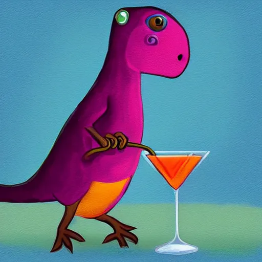 Prompt: cute feathered dinosaur drinking cocktails, beautiful digital painting