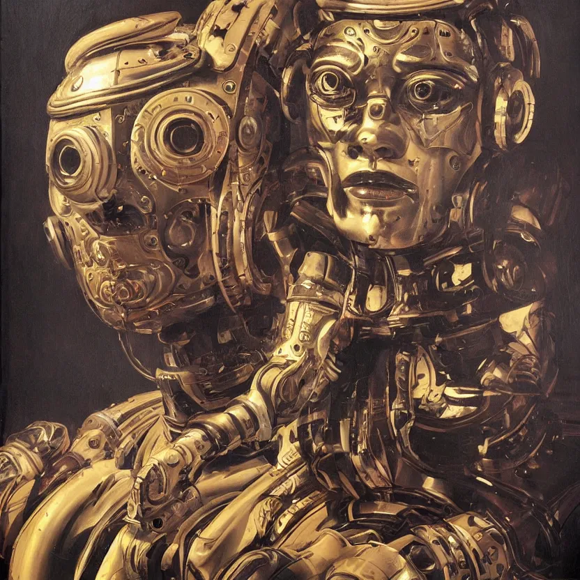 Prompt: a baroque portrait painting of a robot wearing an intense futuristic tribal mask. pulp sci - fi art for omni magazine. high contrast. dark background. baroque period, oil on canvas. renaissance masterpiece. muted colors, soft gradients. trending on artstation. retrofuturism.