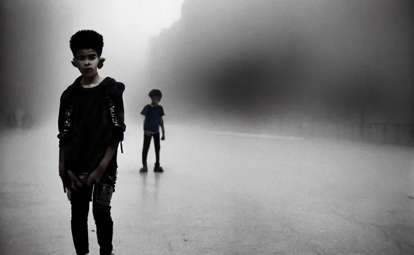 Prompt: cinestill 5 0 d candid photographic portrait by helen levitt of a mixed teen wearing rugged black mesh techwear, modern cyberpunk moody emotional cinematic, white pale concrete city, dust storm, 8 k, hd, high resolution, 3 5 mm, f / 3 2, ultra realistic faces, ex machina