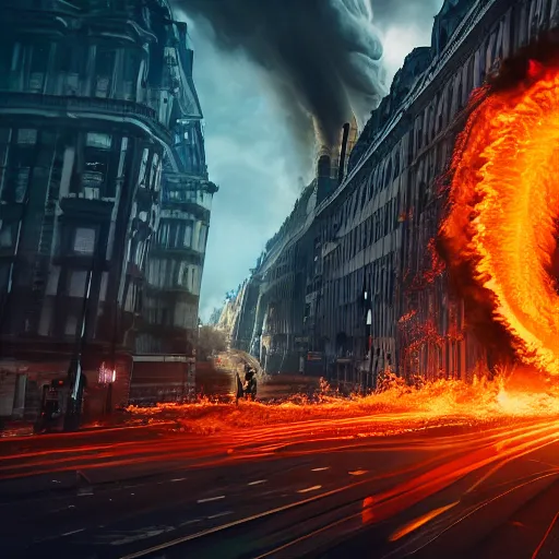 Image similar to flaming tornado ravaging through london, dslr, 8 k, octane beautifully detailed render, hot lighting, warm mood, cinematic lighting, detailed photo, masterpiece, volumetric lighting, ultra realistic, highly detailed, high quality, lossless, photorealistic