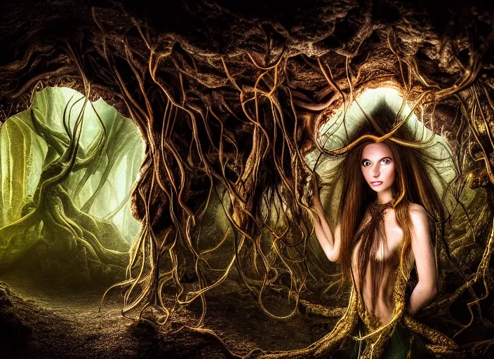 Image similar to portrait photo of roots growing down from a ceiling in an underground cavern wrapped around an elven woman. Fantasy magic horror style. Highly detailed 8k. Intricate. Nikon d850 55mm. Award winning photography.