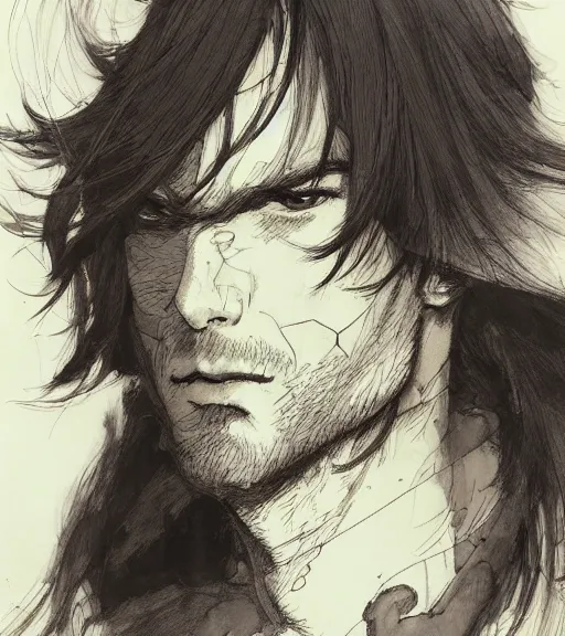 Image similar to portrait of anime man with long dark hair wearing a dark robe, pen and ink, intricate line drawings, by craig mullins, ruan jia, kentaro miura, greg rutkowski, loundraw