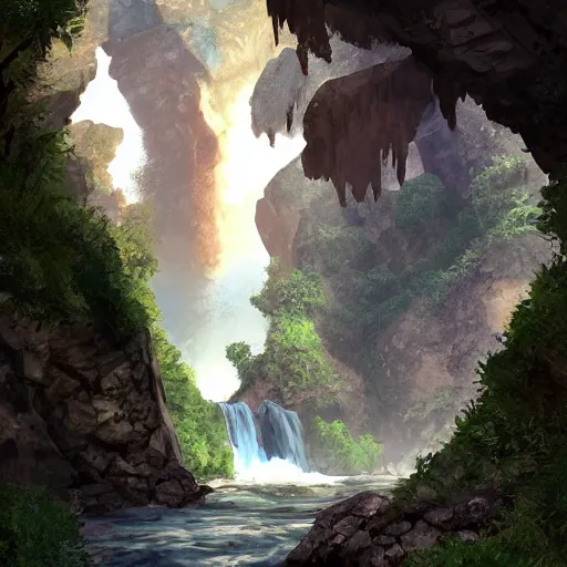 Image similar to digital art of an entrance to a cave, artstation, tomb raider, waterfall, river, mountain, rocks