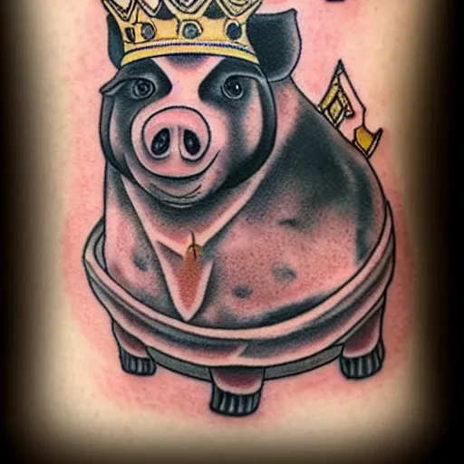 Prompt: traditional american tattoo of pig wearing a gold crown