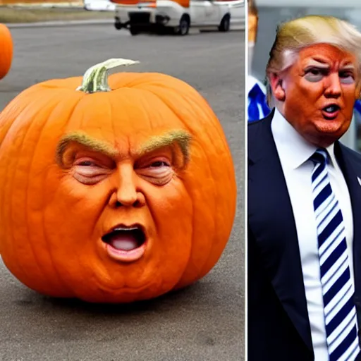 Image similar to donald trump has a giant pumpkin head