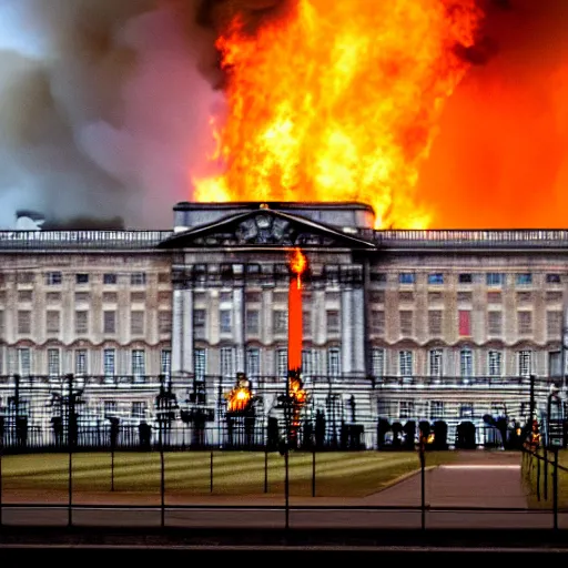 Prompt: photography of Buckingham palace collapsing in flames, cinematic, rule of thirds, golden ratio, evening