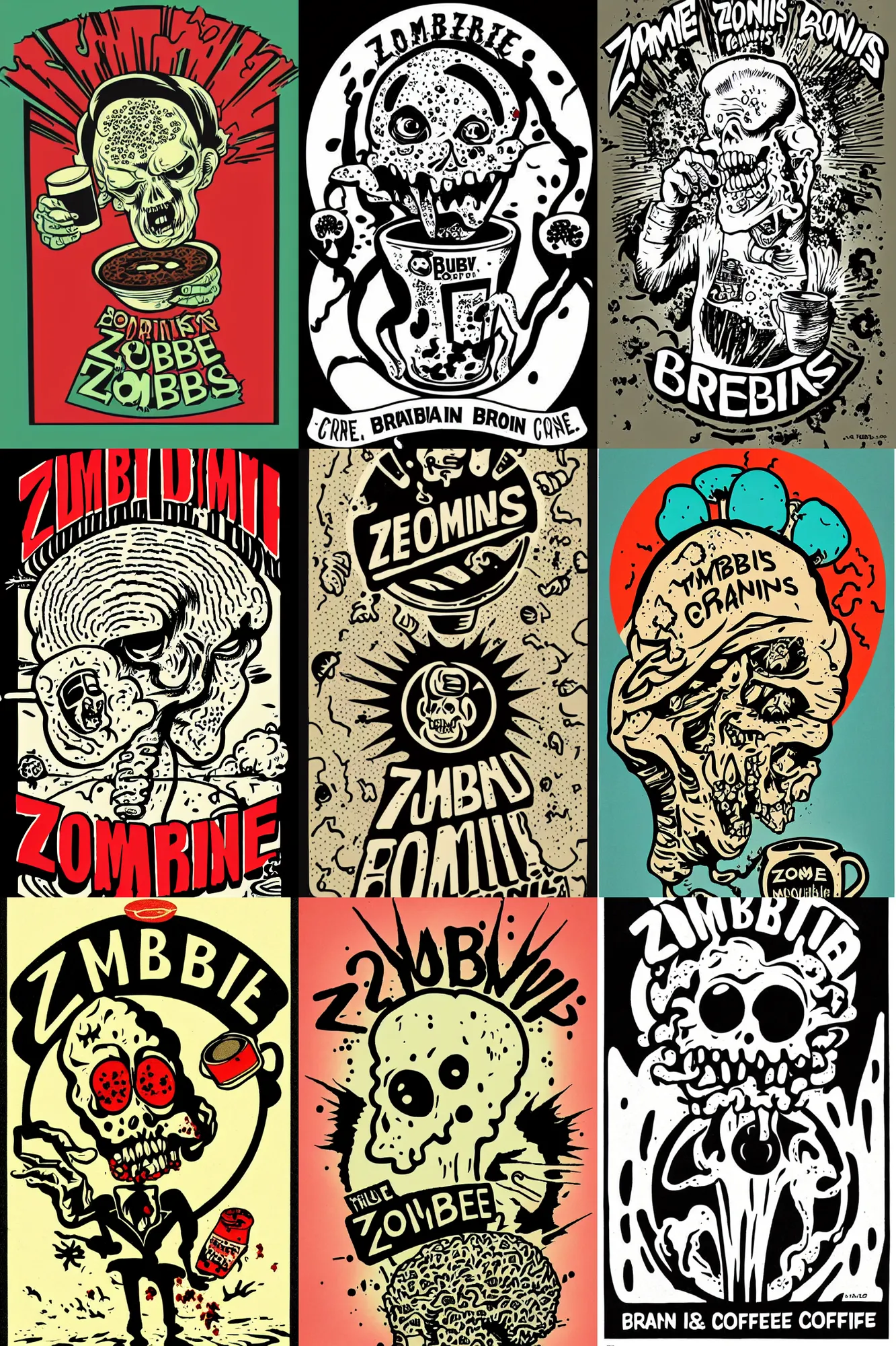 Prompt: zombie drinking brains coffee logo, take away coffee, by mcbess, full colour print, vintage colours, atomic bomb mushroom cloud made of brains, 1950s