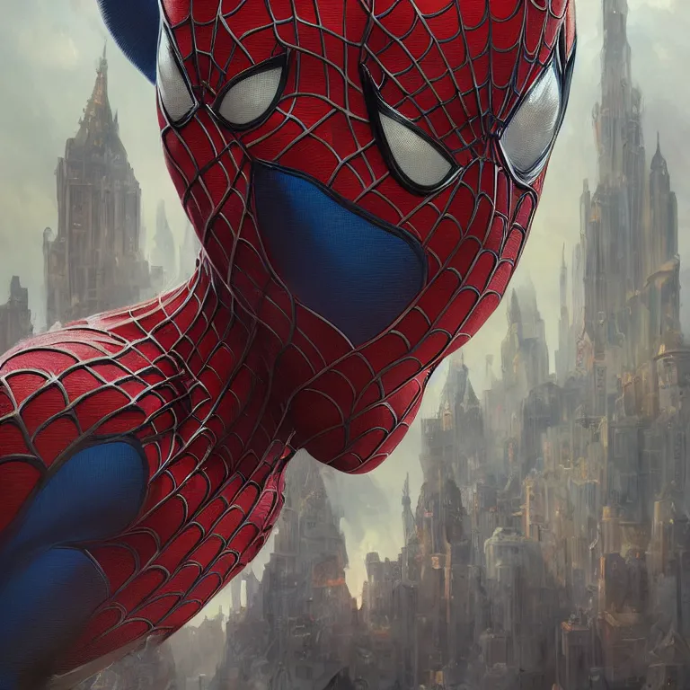 Image similar to portrait of spiderman, D&D, fantasy, highly detailed, digital painting, artstation, smooth, sharp focus, illustration, art by artgerm and greg rutkowski and alphonse mucha
