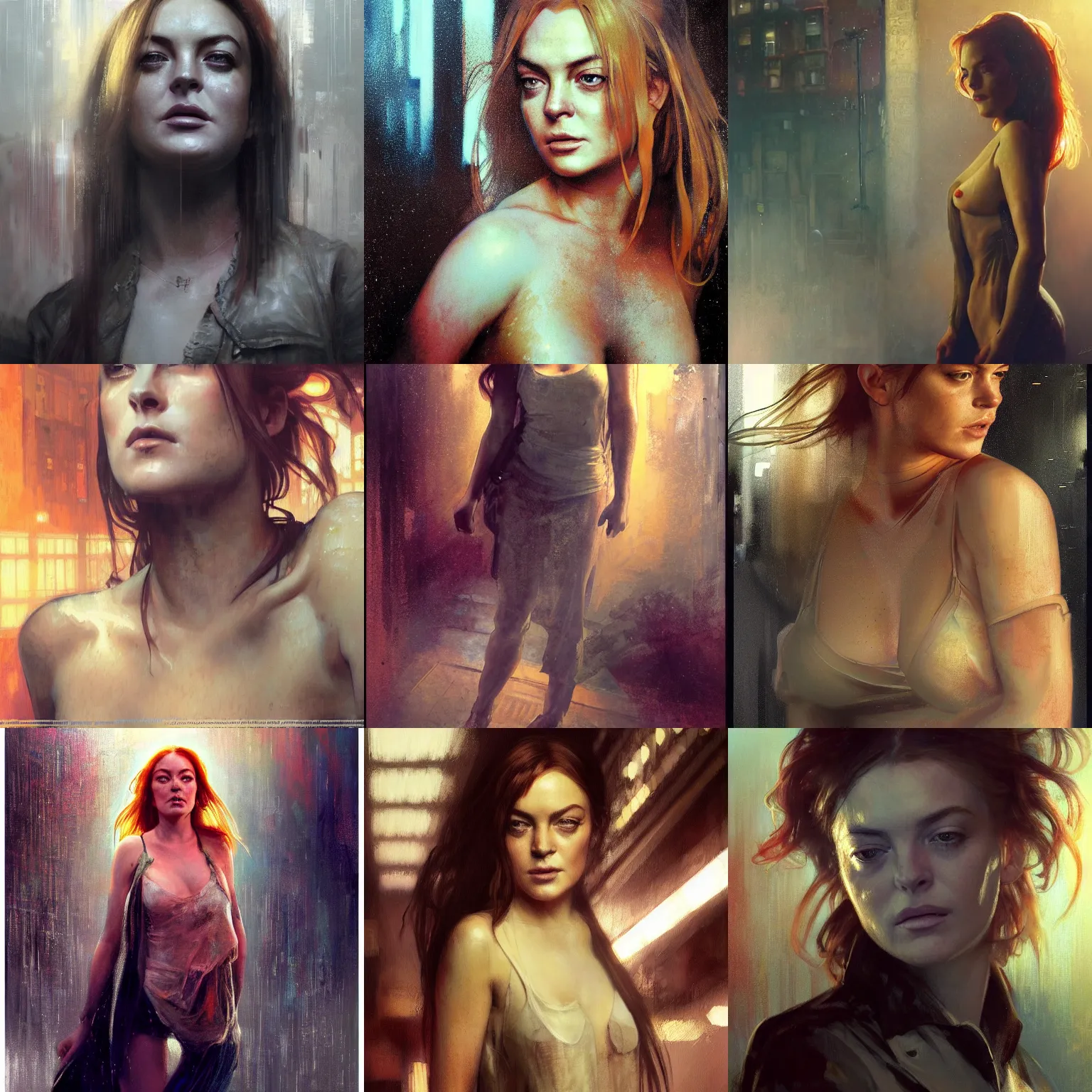 Prompt: young lindsay lohan, full figure, long shot hyperrealistic portrait, bladerunner street, art of elysium by jeremy mann and alphonse mucha, fantasy art, photo realistic, dynamic lighting, artstation, full figure poster, volumetric lighting, very detailed face, 4 k, award winning