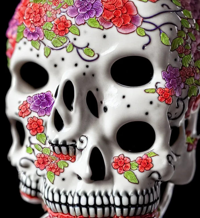 Image similar to La Catrina pretty face, A Close up photo-real delicate ceramic porcelain sculpture of a symmetrical ornate detailed in front of an intricate background by Victo Ngai and takato yamamoto, micro detail, backlit lighting, face in focus, subsurface scattering, translucent, thin porcelain, octane renderer, colorful, physically based rendering, japanese pottery, trending on cgsociety