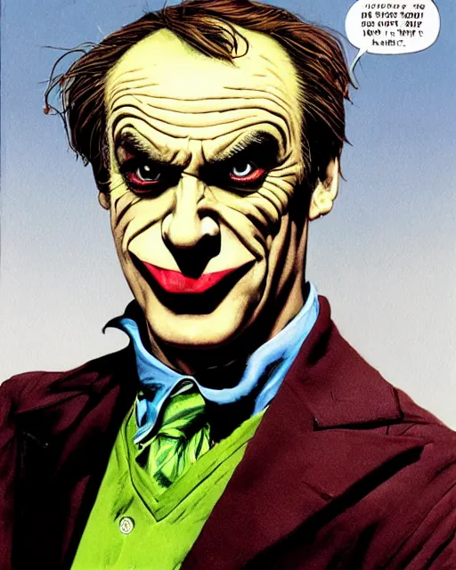 Image similar to portrait of saul goodman as the joker, illustration, art by neil gaiman and peter elson, bernie wrightson