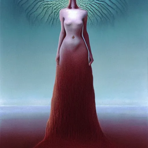 Image similar to Kaitlyn Michelle Siragusa, better known as Amouranth, full body portrait, by max ernst, by Zdzisław Beksiński, directed by Guillermo del Toro