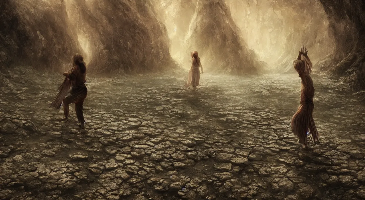 Prompt: Giant 65-year-old giant Gaia woman crying as she crosses a dried up river, highly-detailed, elegant, dramatic lighting, artstation, 4k, cinematic landscape