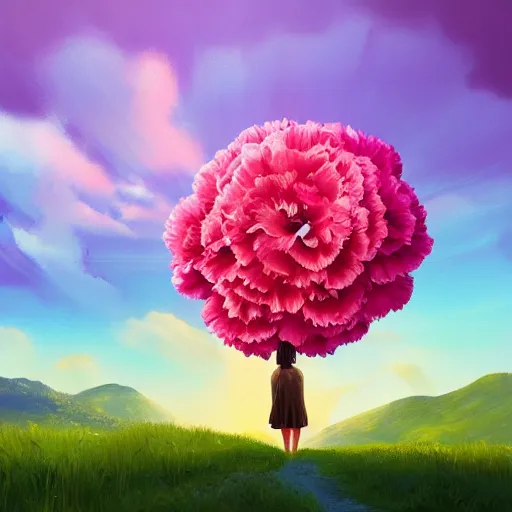 Image similar to giant carnation flower as a head, girl hiking in a lush valley, surreal photography, sunrise, dramatic light, impressionist painting, colorful clouds, digital painting, artstation, simon stalenhag