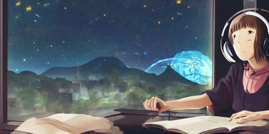 Image similar to anime lofi girl wearing headphones and studying in front of a window with an epic view of outer space