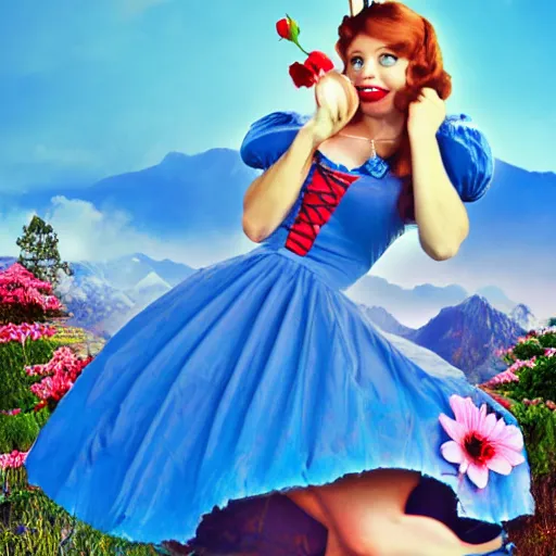 Image similar to giant alice in wonderland, pin up, houses, trees, mountains, woman, city, digital art, photo, blue dress, photoshop, flowers