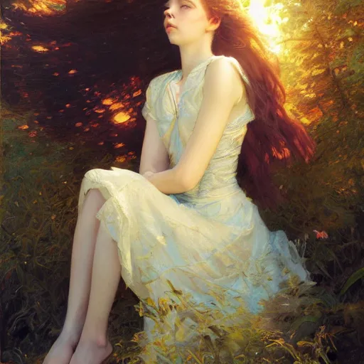 Image similar to detailed high fashion studio portrait of an anime anya taylor joy, eyes closed, sun light, painting by gaston bussiere, craig mullins, j. c. leyendecker