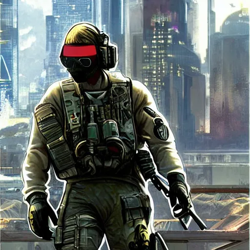 Prompt: Arthur. USN special forces futuristic recon operator, cyberpunk headset, on patrol in the Australian autonomous zone, deserted city skyline. 2087. Concept art by James Gurney and Alphonso Mucha