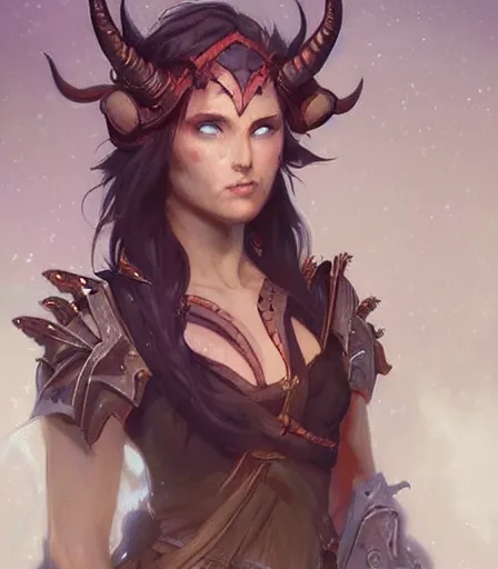 Prompt: Attractive Tiefling Druid, armored, dungeons and dragons portrait, highly detailed, digital painting, artstation, concept art, sharp focus, illustration, art by artgerm and greg rutkowski and alphonse mucha