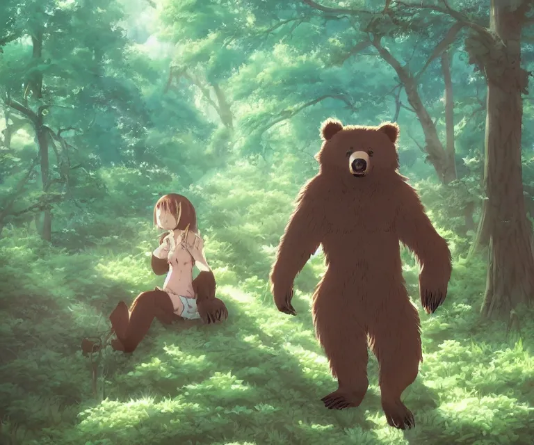 Image similar to bear in a forest, anime fantasy illustration by tomoyuki yamasaki, kyoto studio, madhouse, ufotable, comixwave films, trending on artstation