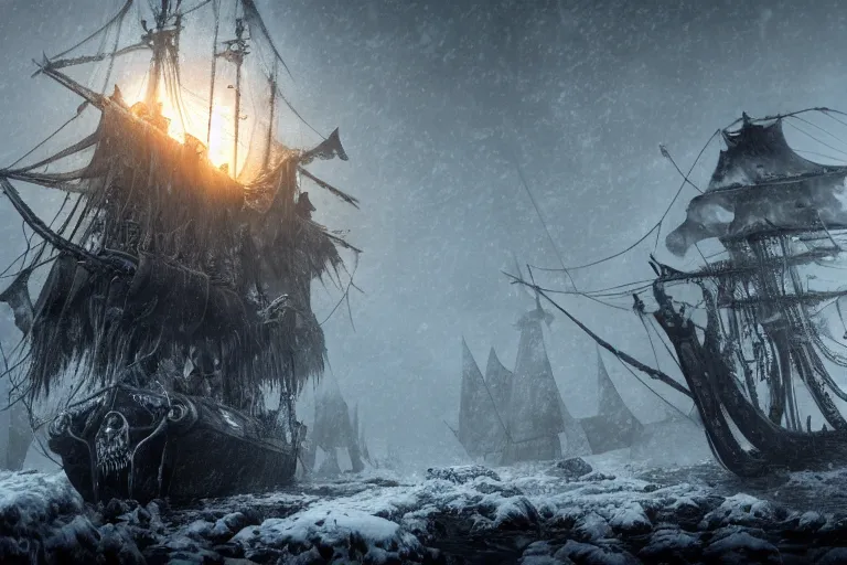 Image similar to a pirate ship with elaborate design driven by skeletons in the middle of a snowstorm, dark souls inspired, elden ring inspired, octane render, rtx, unreal engine 5, digital painting, trending on artstation, highly detailed, epic composition, 8 k uhd