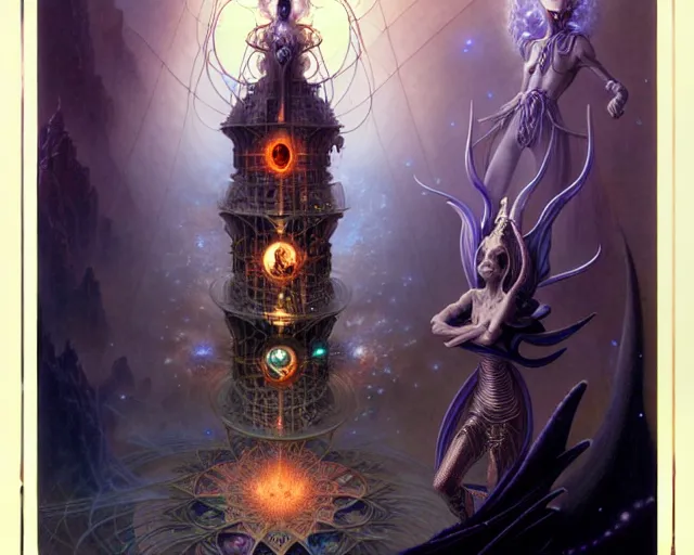 Image similar to the tower tarot card, fantasy character portrait made of fractals facing each other, ultra realistic, wide angle, intricate details, the fifth element artifacts, highly detailed by peter mohrbacher, hajime sorayama, wayne barlowe, boris vallejo, aaron horkey, gaston bussiere, craig mullins
