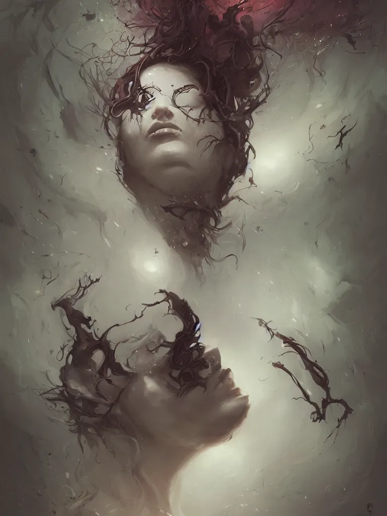 Prompt: portrait of a dark sombre woman, concept art by pete mohrbacher and seb mckinnon and beksinski and josan gonzales, digital art, highly detailed, intricate, sci-fi, sharp focus, Trending on Artstation HQ, deviantart, unreal engine 5, 4K UHD image, in the style of Tom Bagshaw, Cedric Peyravernay, Peter Mohrbacher