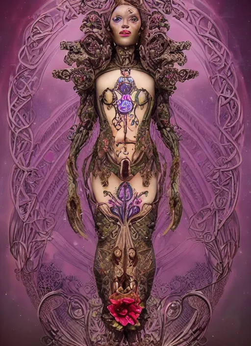 Prompt: gorgeous girl in a cosmic dress, full-body tattoos, ornate, rococo, grotesque, zbrush art, majestic, organics, silver filigree, colorful, dark fantasy, celtic knot, anatomical, HR, giger style, moebius, frank frazetta, ornate, art nouveau, symmetrical, turquoise jewelry, red smoke, roses, unbiased render, rotten, Emil melmoth, eerie, macabre, haunting, detailed and intricate, floral, faded pink, hypermaximalist, elegant, vintage, hyper realistic, super detailed, pastel colors, 8K, octane render, 8k