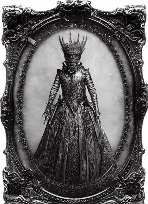 Image similar to old wetplate daguerreotype frame portrait of a futuristic silver armored queen elisabeth emperor district 9 cyborg, fractal, intricate, elegant, highly detailed, subsurface scattering, by jheronimus bosch and greg rutkowski and louis jacques mande daguerre