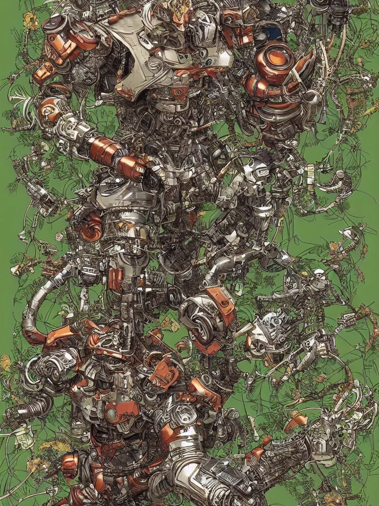 Prompt: A detailed manga cover of a cyborg knight, jungle by Geof Darrow, Aaron Horkey, artstation