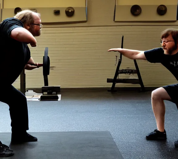 Image similar to gabe newell performing squats, award winning photograph by artie zeller