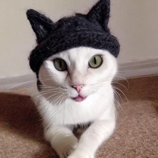 Image similar to cute cat photo, tongue, wearing wool hat, cat ears