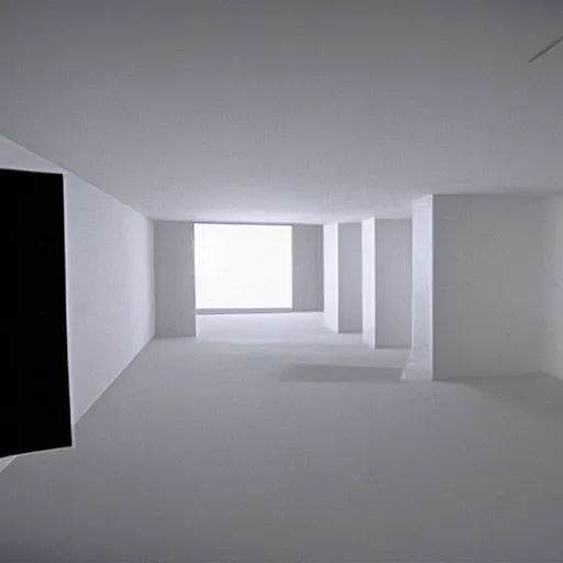 Image similar to a paragraph written on the side wall of a large cubic white room with no objects, misterious, 3 d perspective, still from movie by stanley kubrick